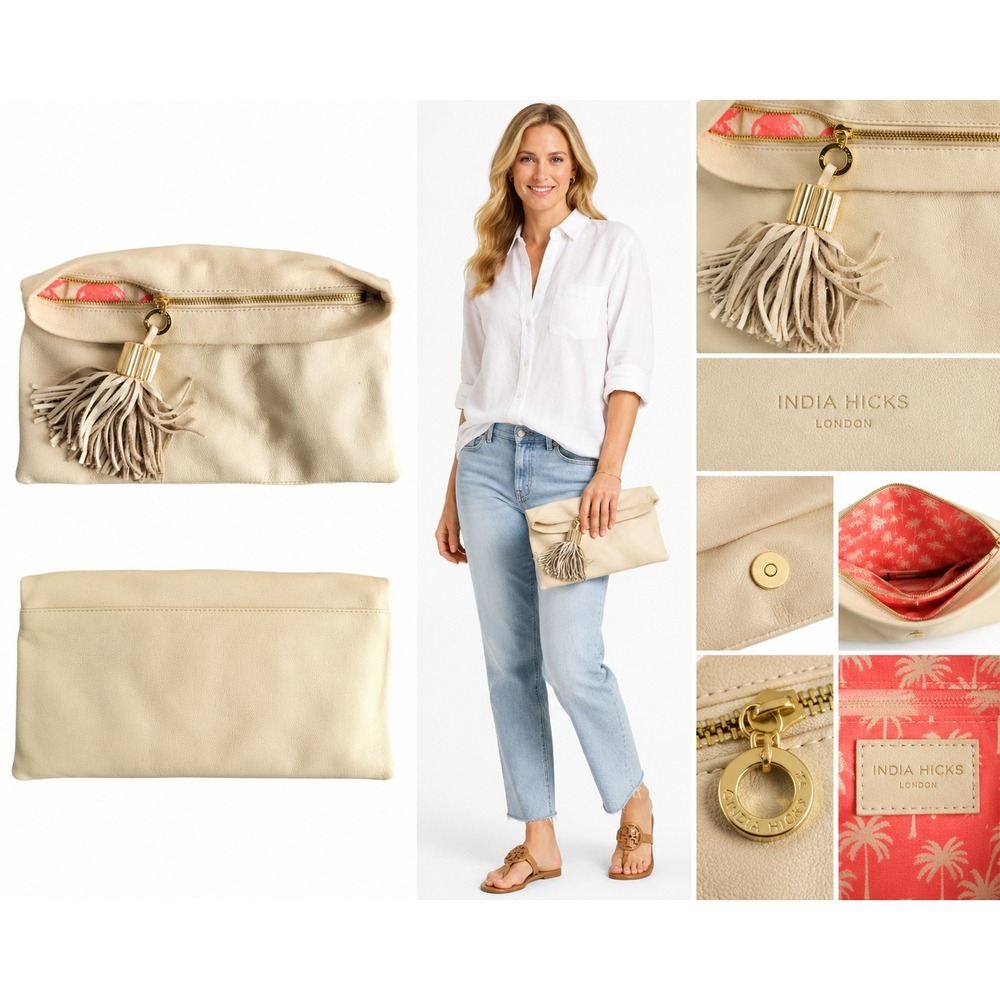 India Hicks Clutch Women OS‎ Cream Leather Foldover Beetle Print Tassel Bag